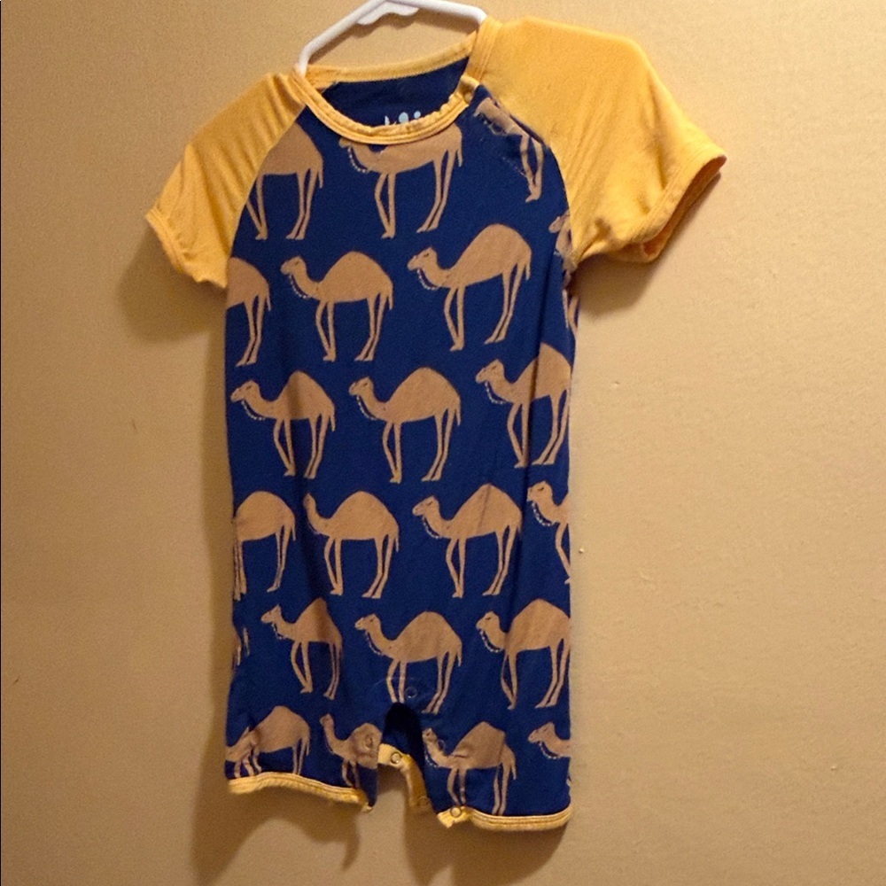 Kickee Pants Navy Romper with Mustard Trim and Polka Dot Logo